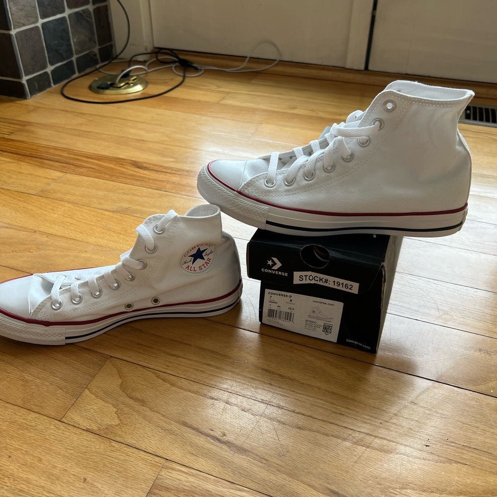 Converse All Star High Top Sneakers in Optical White with Red Trim